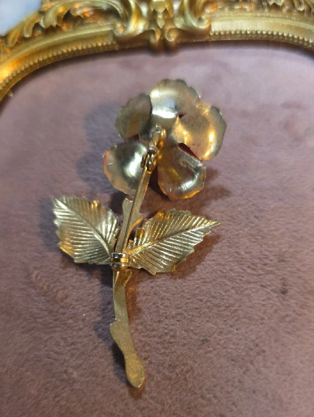 Vintage 3D Red Enamel Rose & Gold Stem Brooch